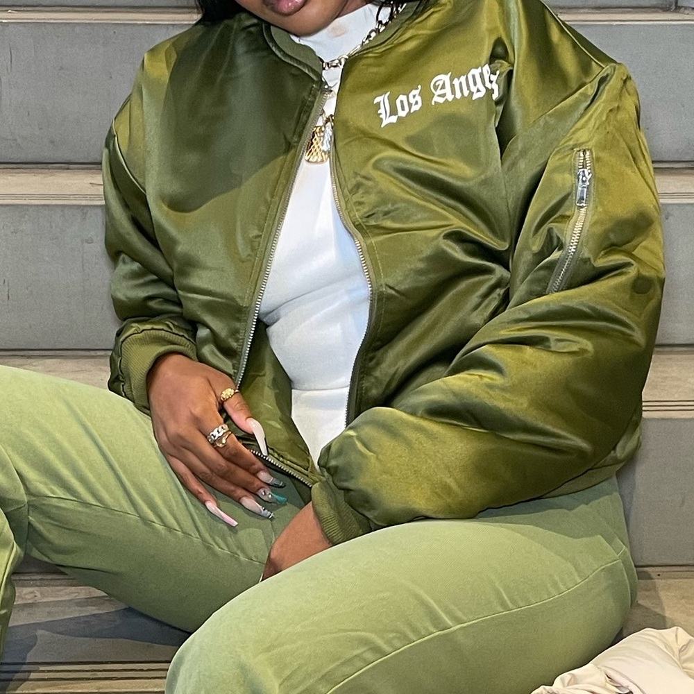 Prettylittlething Green Satin Bomber Jacket